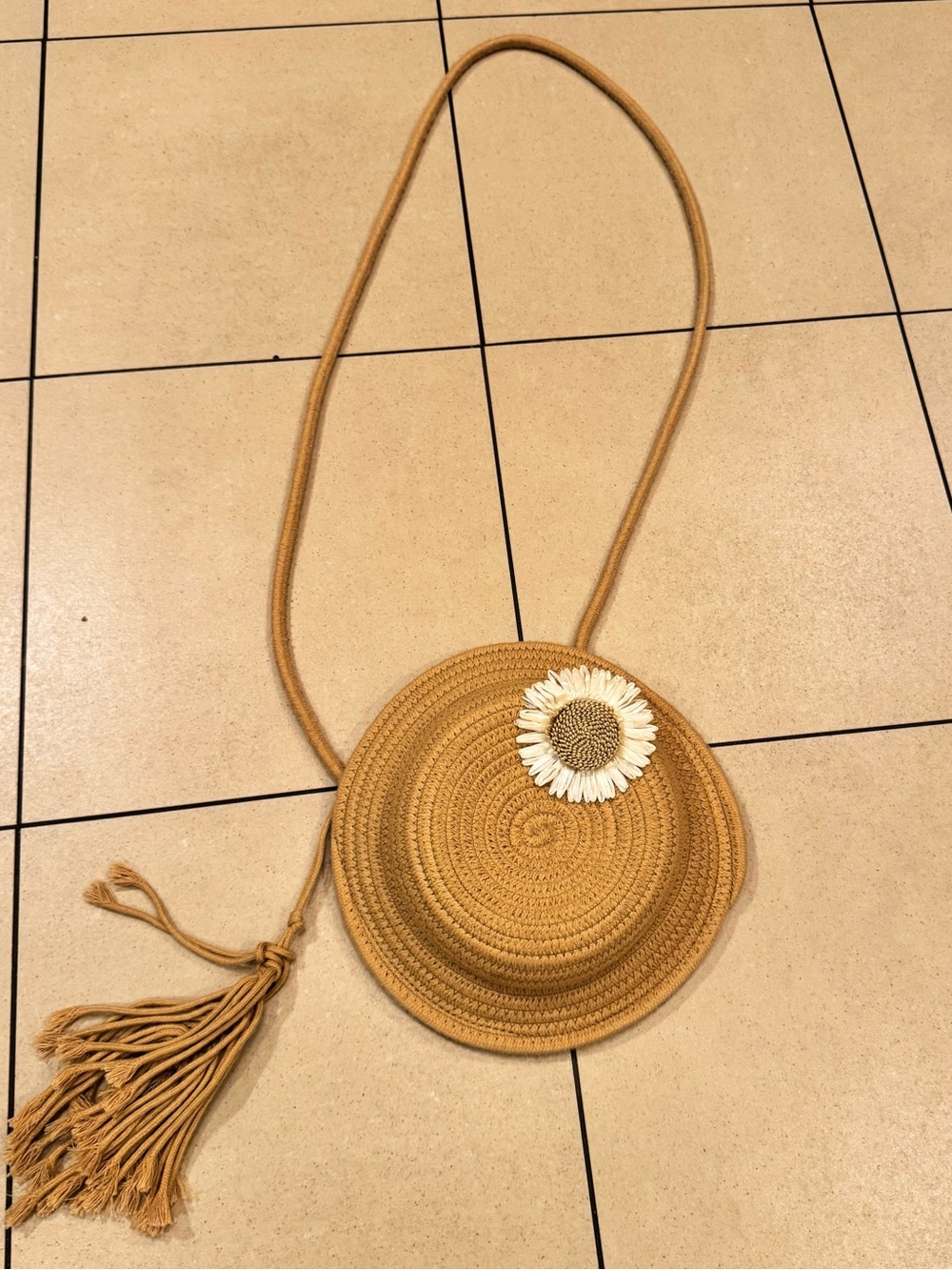 Woven Round Crossbody Bag with Daisy Accent - tan / beige
